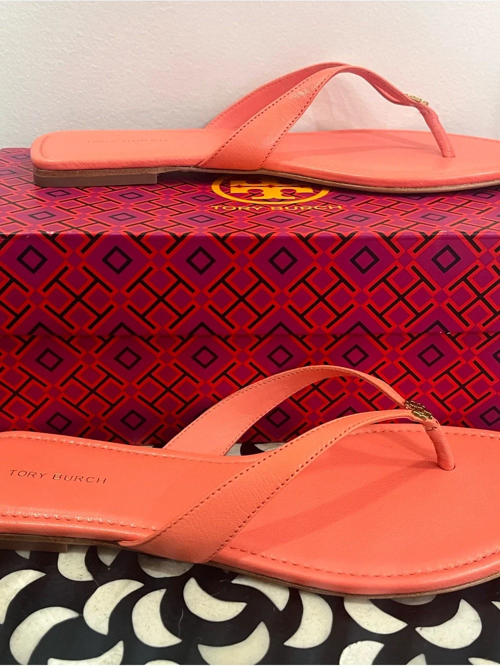 Tory Burch Coral Leather Flip Flop Sandals with Gold Logo